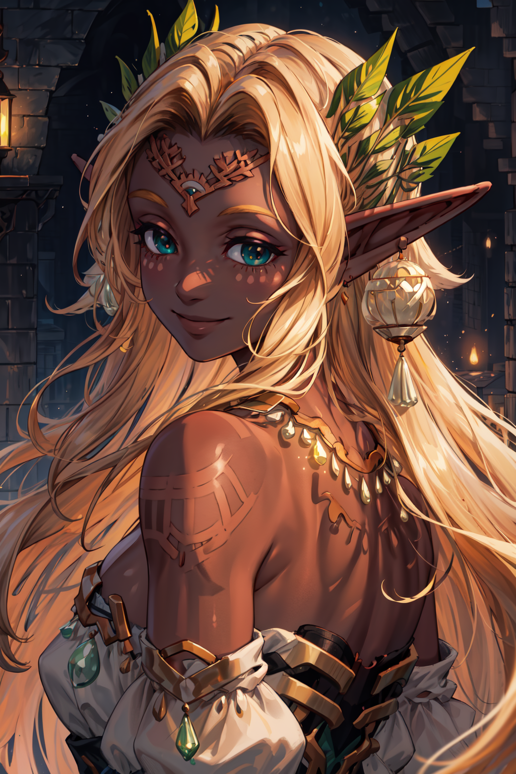 00538-598012359-masterpiece,best quality,1girl,SoniaTotk,pointy ears,blond hair,tattoo,earrings,necklace,green eyes,dark skin,bare shoulders,dre.png